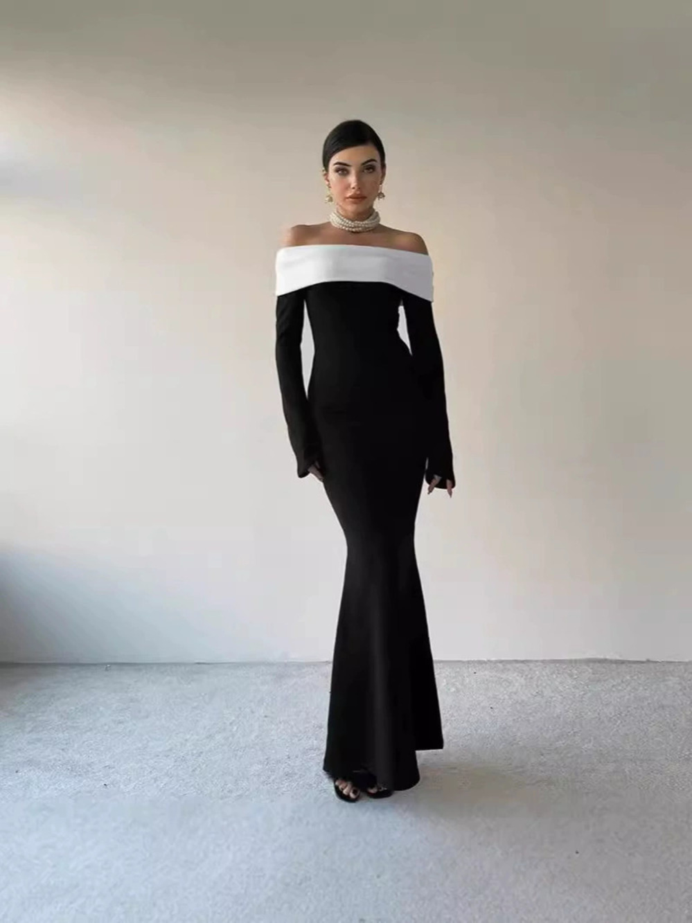 Zara Romantic Long Sleeve Color Block Off Shoulder Layered Slim Dress